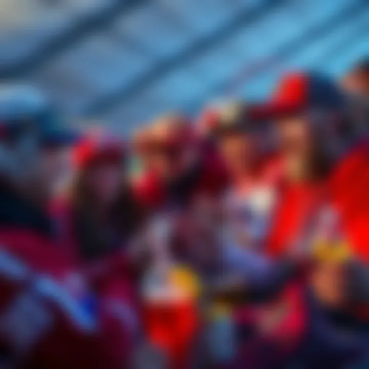 A group of fans eagerly discussing bets on the Habs game, with sports gear and drinks around them