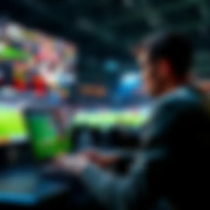 Sports betting during halftime A person looking at a sports game on a television while placing bets on a laptop