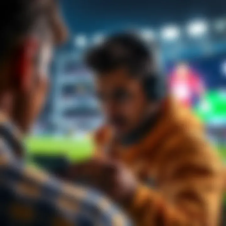 Sports Betting in India A U.S. player looking at a mobile app for sports betting options in India, with cricket and football icons visible