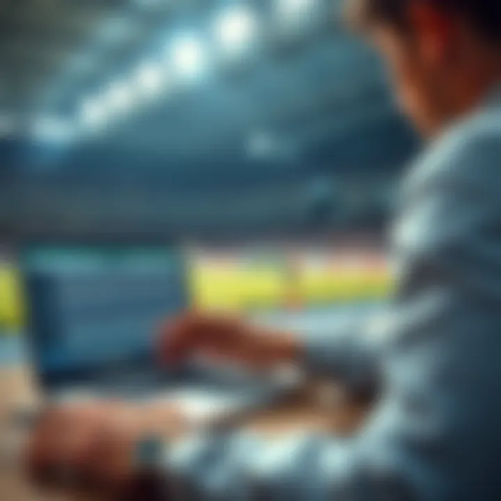 A person reviewing sports statistics and placing bets on a laptop with a college football game in the background.