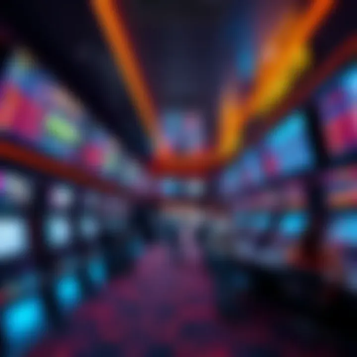 A vibrant scene of sports betting counters in Las Vegas with screens showing various sports events and odds. People engage in placing bets, highlighting options for free bets and prop bets.