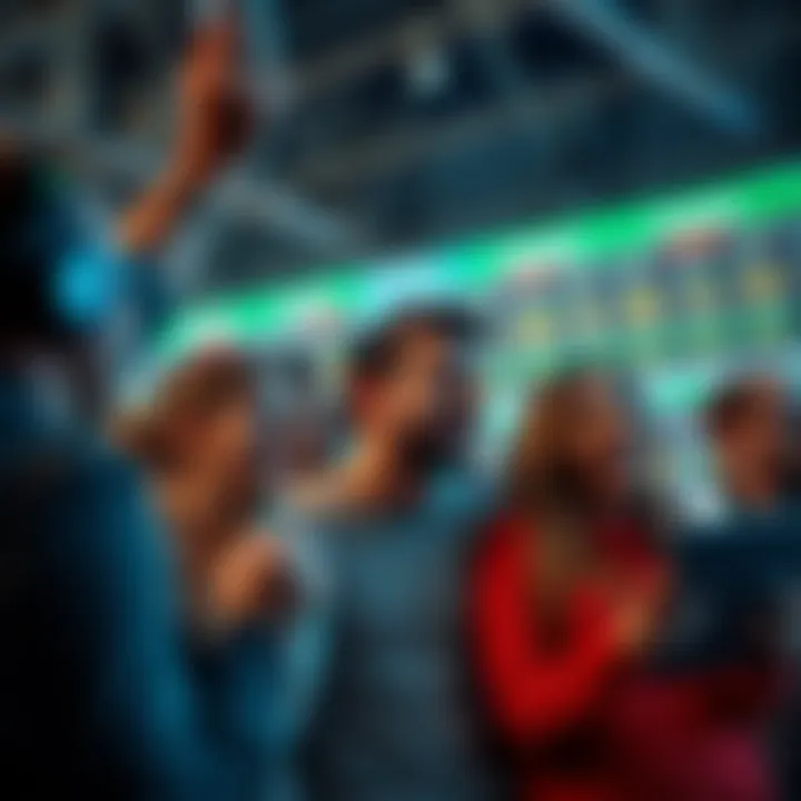 A group of people looking at sports betting options online, expressing interest and excitement