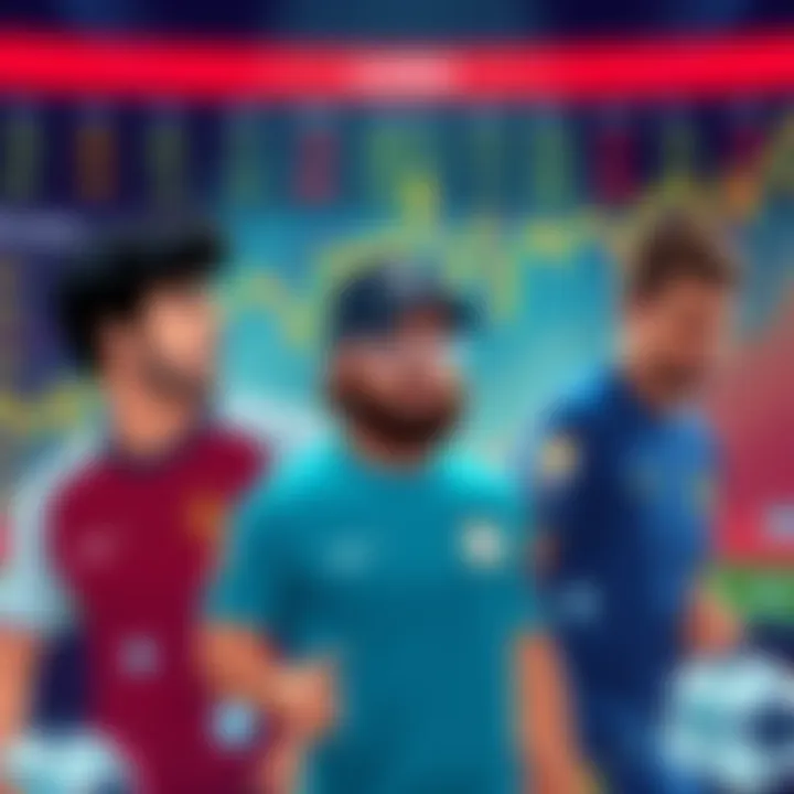 An illustration showing sports betting tips featuring players Caio, Raul, and Charles with charts and odds in the background.