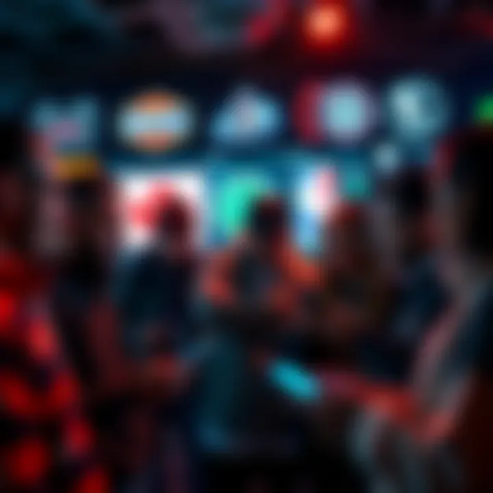 A group of diverse people discussing sports betting options on their mobile devices, with a focus on NHL, CFL, and NBA logos in the background.