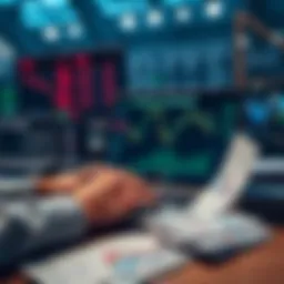 A person analyzing sports betting odds on a laptop with charts and betting slips around