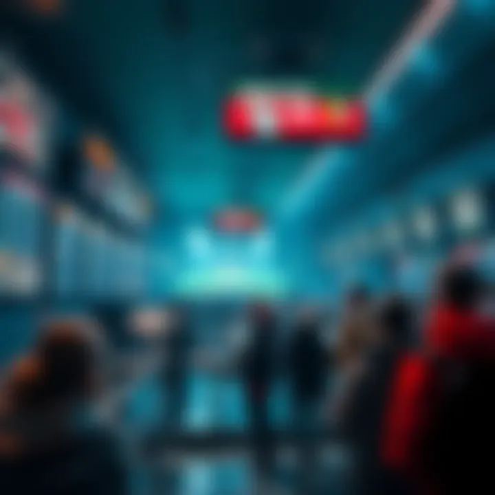 A sports betting area with people watching games on screens and placing bets, showcasing excitement and tension in the atmosphere.