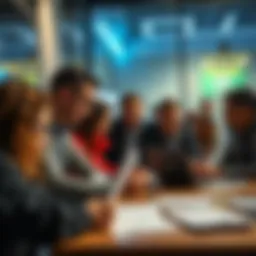 Group of people discussing sports betting options at a table with a laptop and betting slips