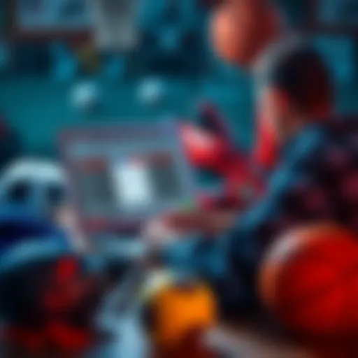 A person analyzing sports betting options on a laptop, surrounded by sports gear like a football and basketball