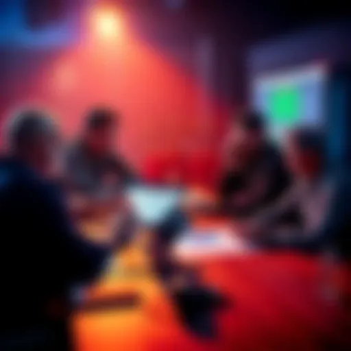 A group of people discussing sports betting strategies at a table with charts and data on a laptop.