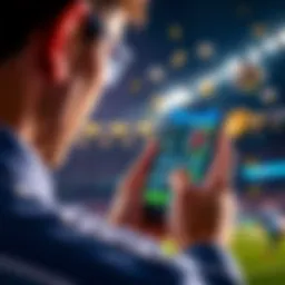 A person looking at a smartphone displaying a sports betting app, with football and money icons in the background