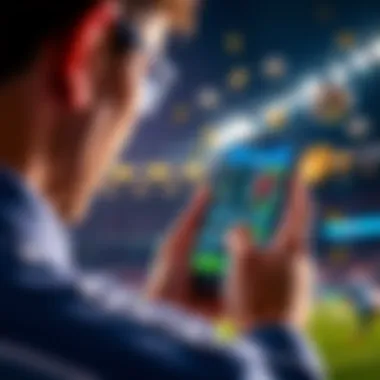 A person looking at a smartphone displaying a sports betting app, with football and money icons in the background