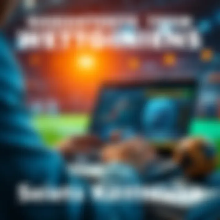 A person analyzing sports statistics on a laptop with football, hockey, and basketball images.