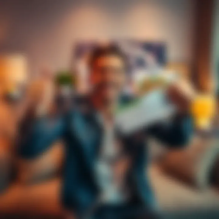 A happy individual holding a betting slip with basketball graphics, celebrating gains from sports bets, with a luxurious sofa in the background