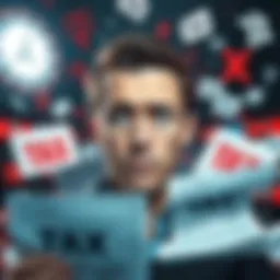 A person looking worried about sports betting while surrounded by tax-related symbols and papers