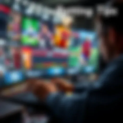 A person analyzing sports betting options on a laptop with various sports images in the background.