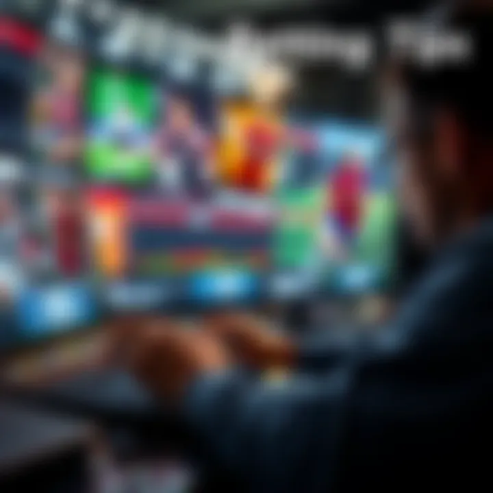 A person analyzing sports betting options on a laptop with various sports images in the background.