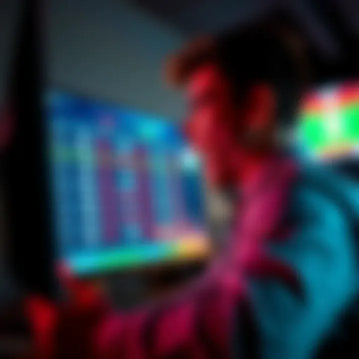 A fan looking at sports statistics and betting odds on a computer screen with excitement.