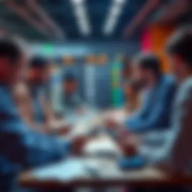 Sports Betting Tips Discussion A group of people sharing sports betting tips around a table with notes and smartphones, engaging in lively conversation