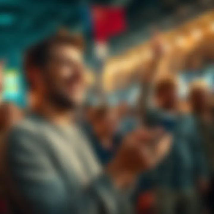 A sports bettor smiles joyfully while checking betting odds on a mobile device. Friends cheer in the background, creating an atmosphere of excitement.