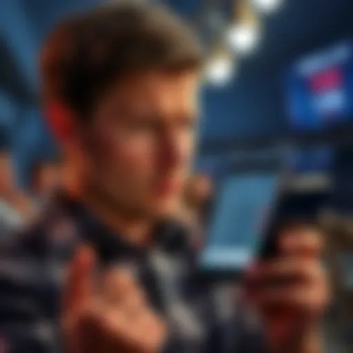 A contemplative sports bettor looks at a phone displaying betting odds, with a worried expression, reflecting on his recent losses before the World Cup.