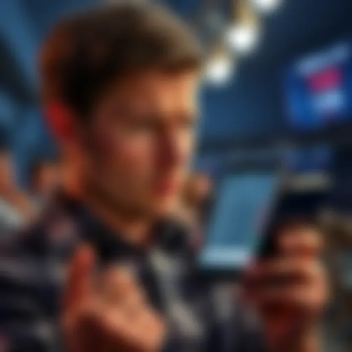 A contemplative sports bettor looks at a phone displaying betting odds, with a worried expression, reflecting on his recent losses before the World Cup.