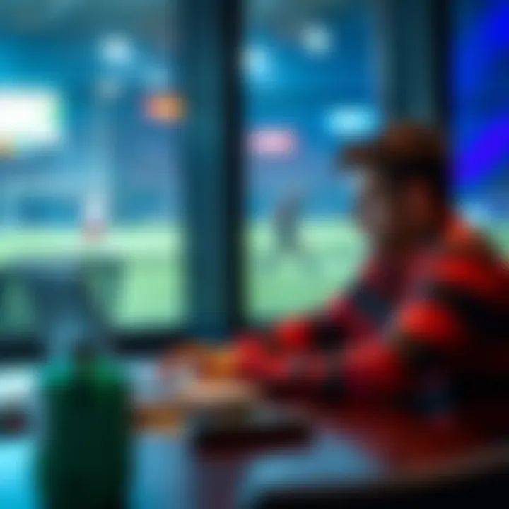 A person sits at a table looking at sports betting odds on a laptop, contemplating whether to cash out or wait for more games.