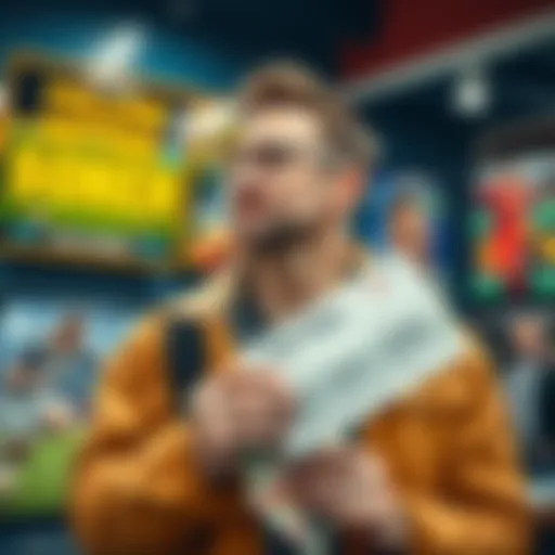 A person holding a betting slip looking hopeful, with cash in hand and sports event posters in the background