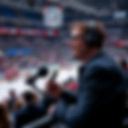 A sports commentator passionately broadcasting NHL hockey live from the rink, wearing a headset and surrounded by fans, while holding a microphone.