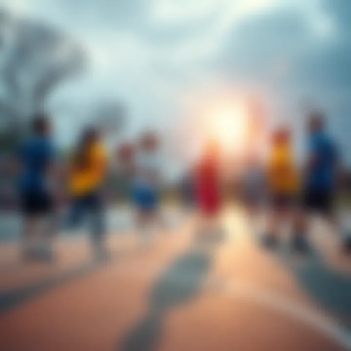 Group of people playing sports together A lively scene of a diverse group of friends playing basketball on an outdoor court, showcasing teamwork and community spirit.
