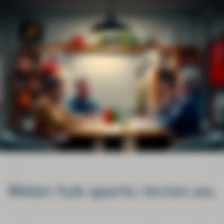 A group of writers discussing engaging sports reviews at a round table, surrounded by sports memorabilia.