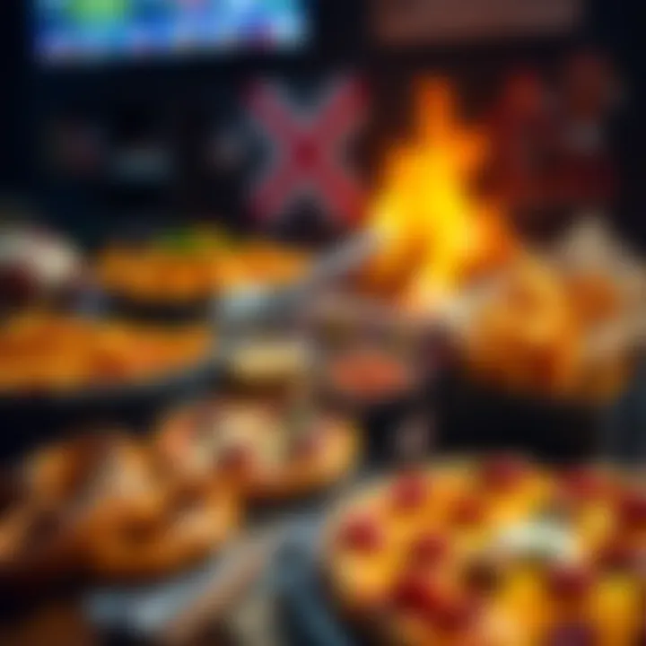 A spread of various snacks including pretzels, pizza, and nachos on a table during a sports game night.