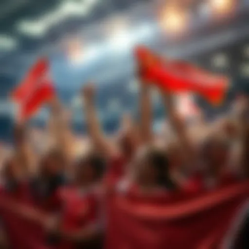 Sports Tournament Celebration A group of excited fans cheering and celebrating at a sports tournament, holding banners and flags, showing their team spirit.