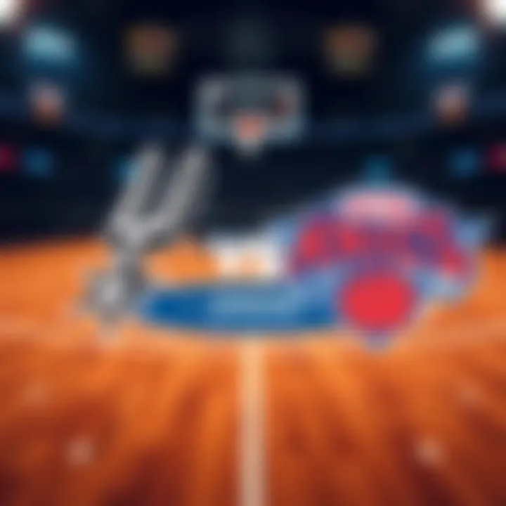 San Antonio Spurs and New York Knicks logos with basketball court background for NBA Finals 2026.