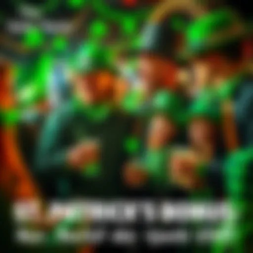 A festive scene with people celebrating St. Patrick's Day, wearing green attire and holding drinks, with decorations of shamrocks and leprechauns.