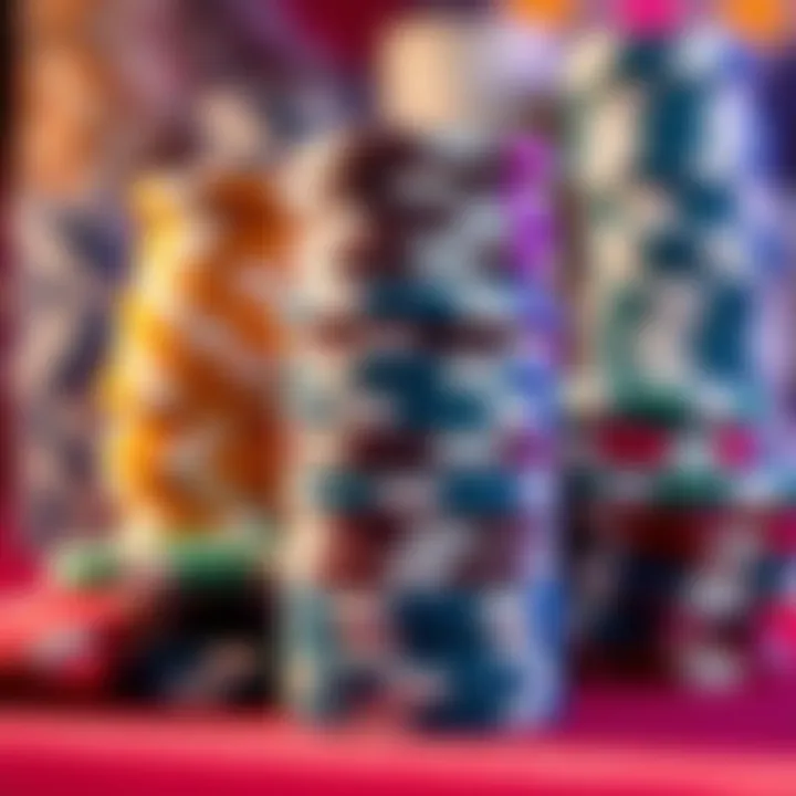 A close-up image of a stack of colorful poker chips arranged to show the concept of doubling bets in gambling.