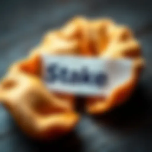 A close-up of a fortune cookie with the Stake logo printed on the paper inside