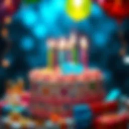 Colorful birthday cake with candles and gifts for Stake's birthday on August 8