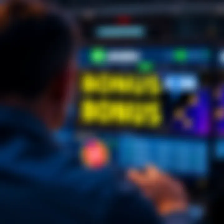 Bonus Information on Stake A person looking at a screen displaying a bonus offer for Stake, with currency symbols and betting graphics