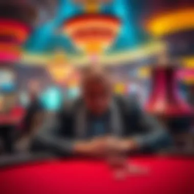 Stake Casino Rewards Decline A disappointed former VIP player sitting alone at a casino table, showing frustration over declining rewards, with other players enjoying nearby games.