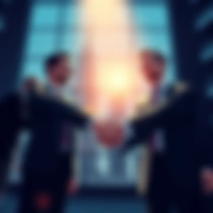 Illustration of business professionals shaking hands, symbolizing a successful deal in negotiations.