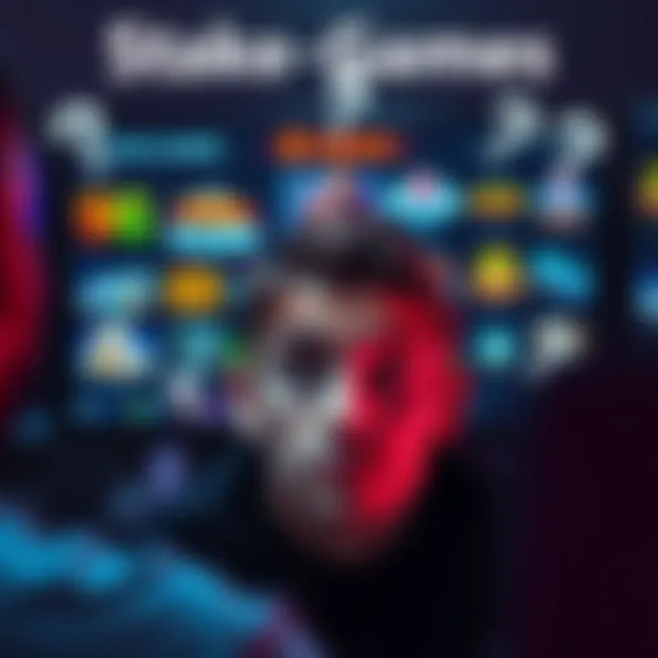 A person looking puzzled at a computer screen displaying various Stake games, with question marks around them.