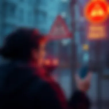 Stay Alert A person looking at a warning sign while checking a smartphone for safety updates