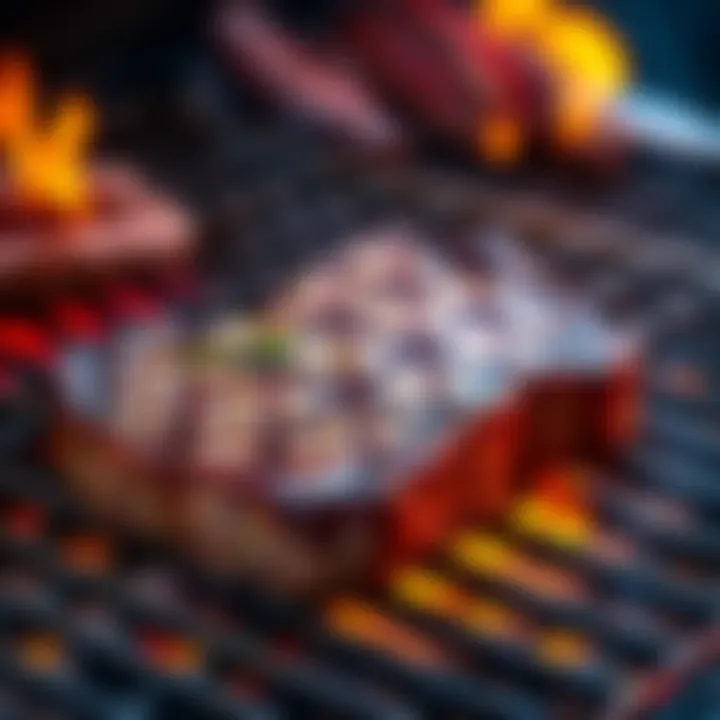 A perfectly seared steak on a grill with grill marks and juices sizzling