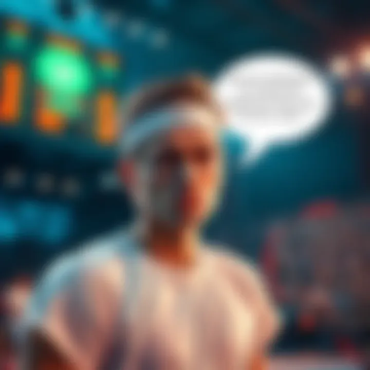 A tennis player looking confused after winning a match but losing a bet, with a scoreboard in the background showing the win. A discussion bubble above with people sharing their betting stories.