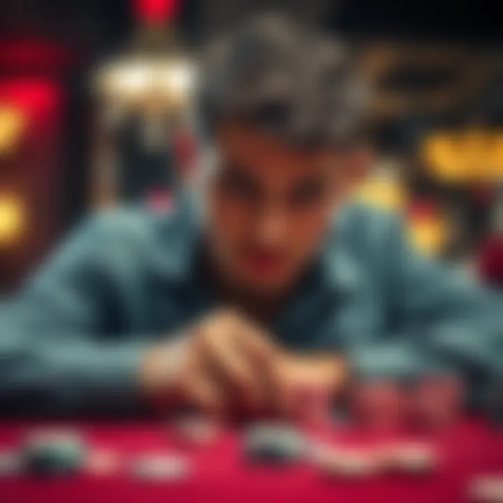 A close-up of a poker player contemplating a losing hand, with chips scattered on the table, illustrating a risky betting strategy.