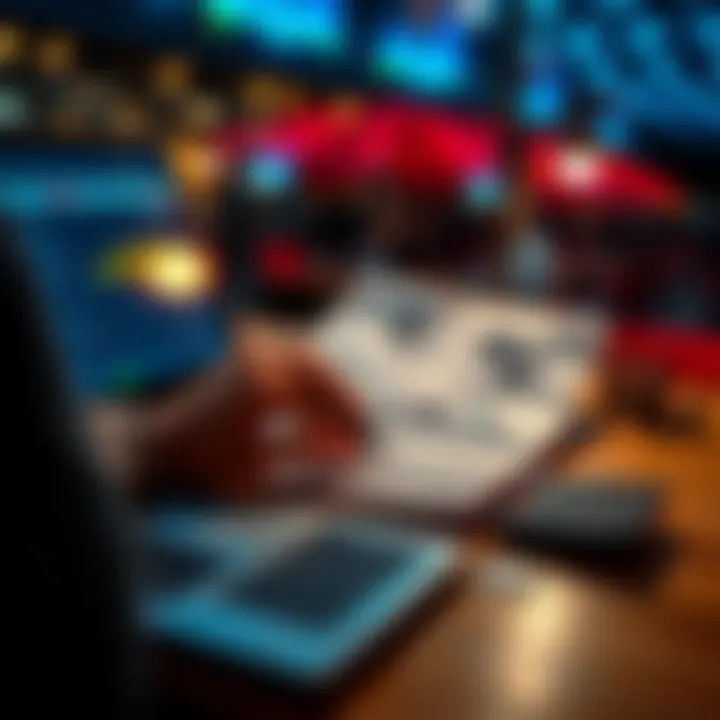 A person reviewing betting strategies on a laptop with notes and a calculator nearby, focusing on financial planning.