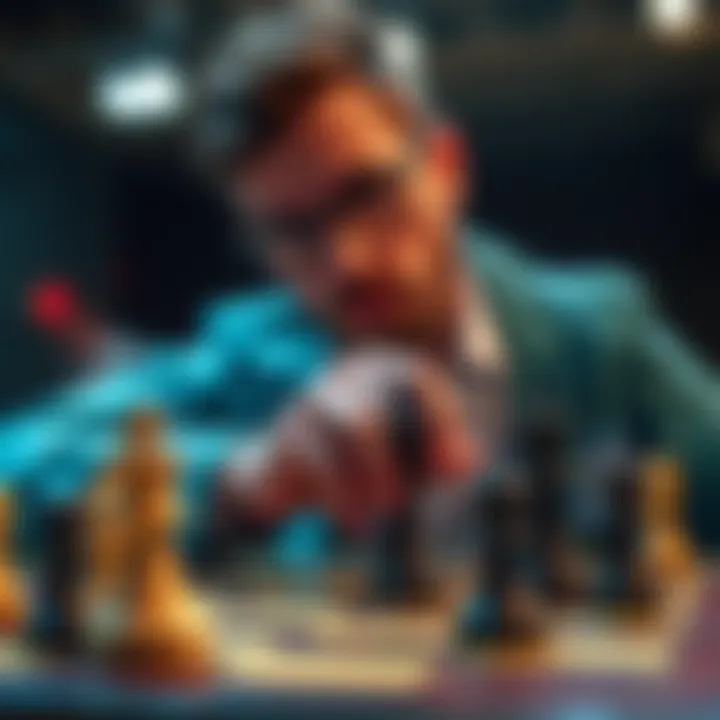 A player analyzing a missed point on a game board, contemplating their next move to turn the setback into an advantage.