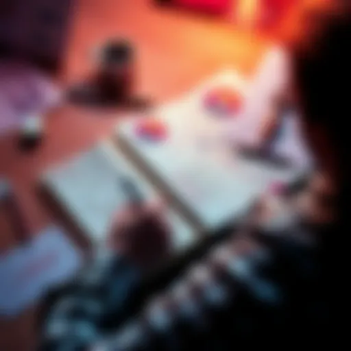 A person writing in a notebook while reflecting on past errors, surrounded by notes and charts for improvement.