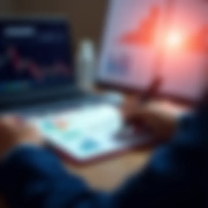 A person writing a strategy plan on a notepad with a laptop and charts in the background