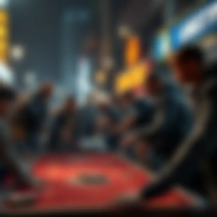 Group of people gathered around a street craps game, throwing dice and placing bets on the ground.